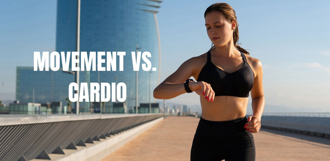 Woman checking heart-rate zones on smartwatch during cardio training.