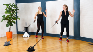Women using HupSix home workout system for music-driven cardio and agility training